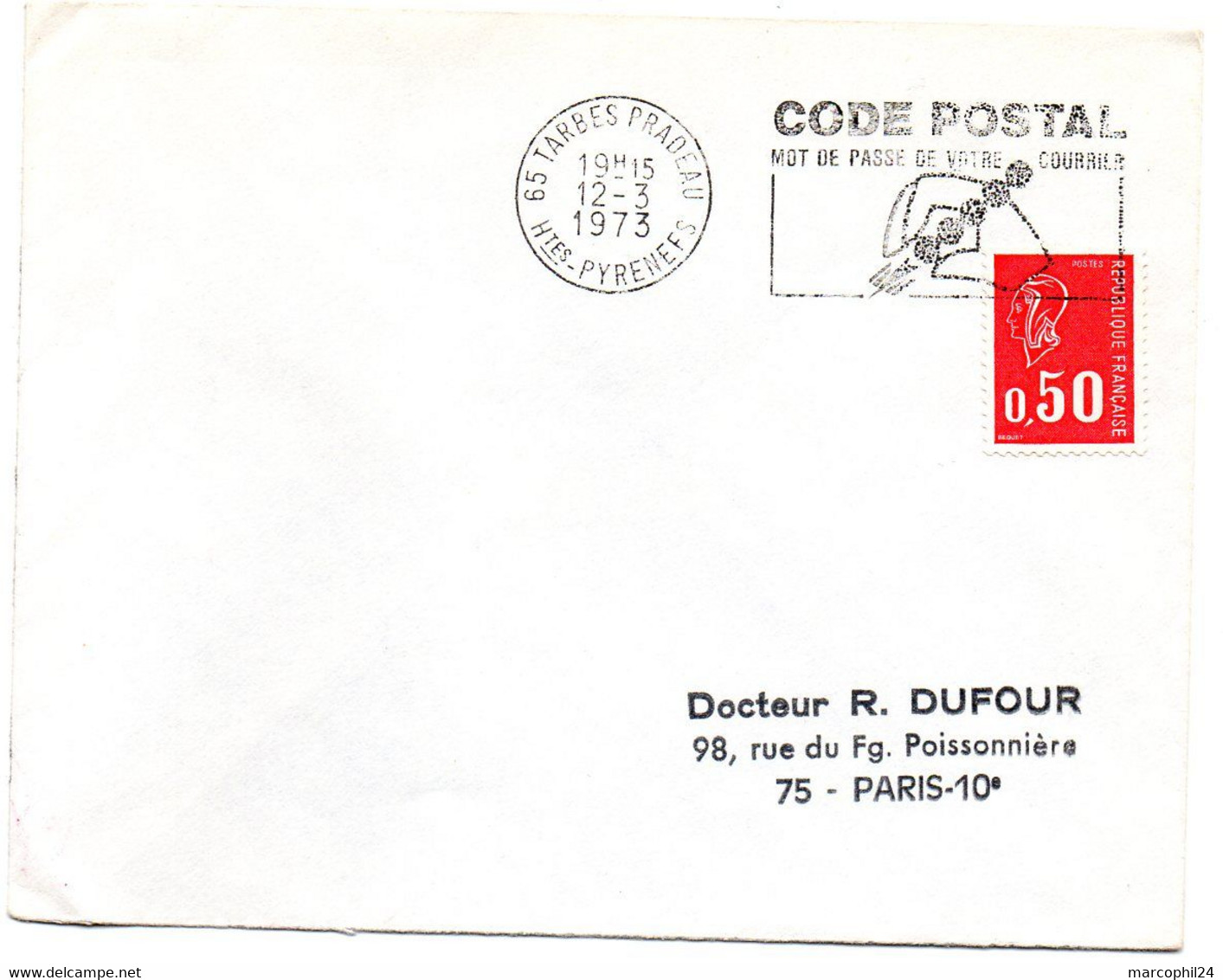 PYRÉNÉES HAUTES - Dépt N° 65 = TARBES PRADEAU 1973 =  FLAMME FD =  SECAP Illustrée ' CODE POSTAL / Mot Passe' - Code Postal