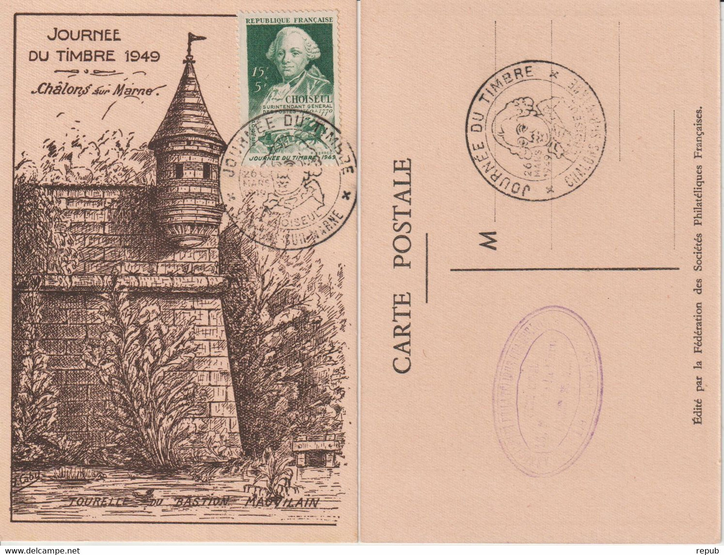 France Carte Maximum Journée Du Timbre 828 Chalons 1949 - 1940-1949