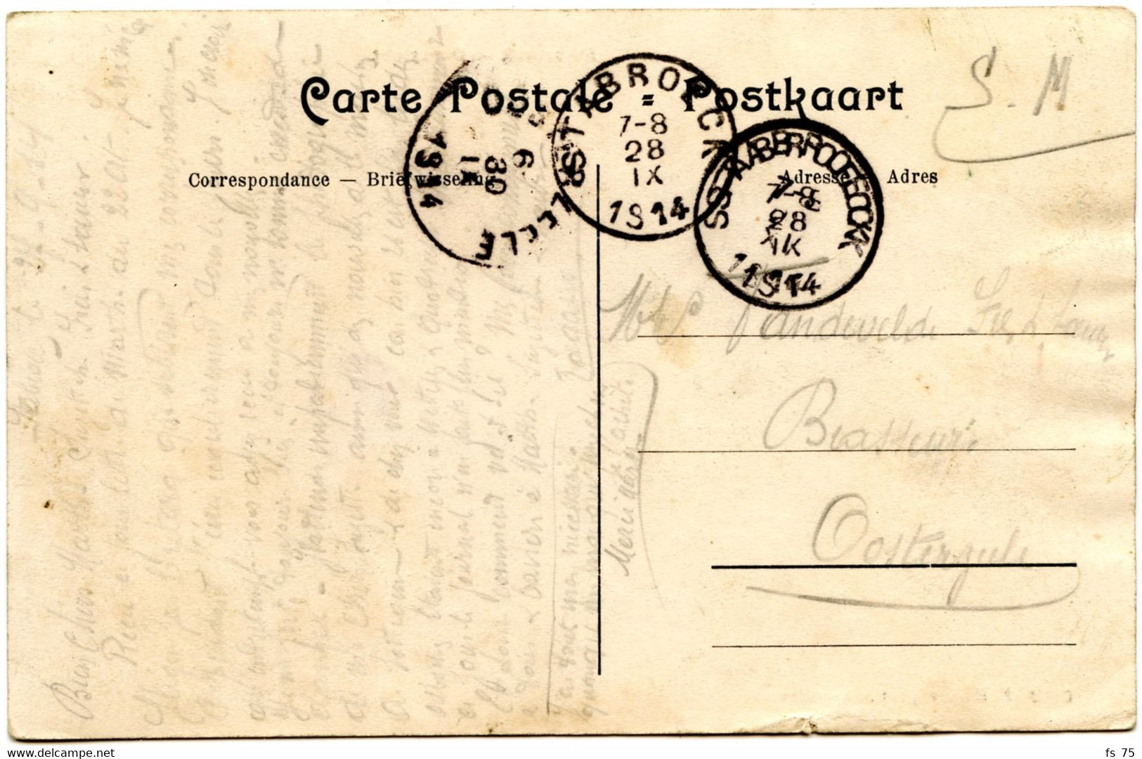 BELGIQUE - SIMPLE CERCLE STABROECK SUR CARTE POSTALE EN FRANCHISE ADRESSEE A OOSTERZEELE, SEPTEMBRE 1914 - Zone Non Occupée