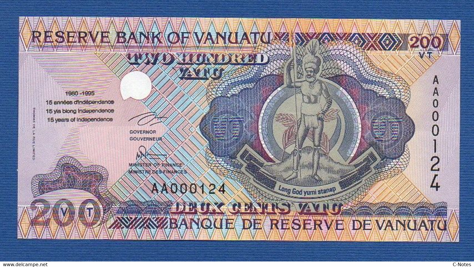 VANUATU - P. 9 – 200 VATU  ND (1995), UNC, Prefix AA 000124 - LOW SERIAL NUMBER - Commemorative Issue - Vanuatu