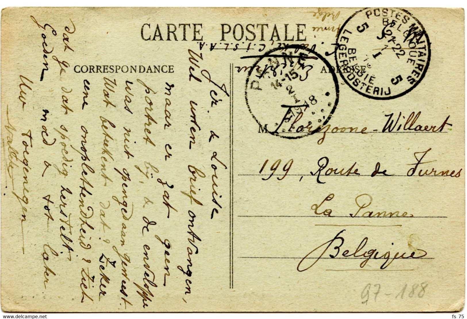 BELGIQUE - SIMPLE CERCLE BILINGUE POSTES MILITAIRES BELGIQUE 5 SUR CARTE POSTALE ADRESSEE A LA PANNE, 1918 - Niet-bezet Gebied