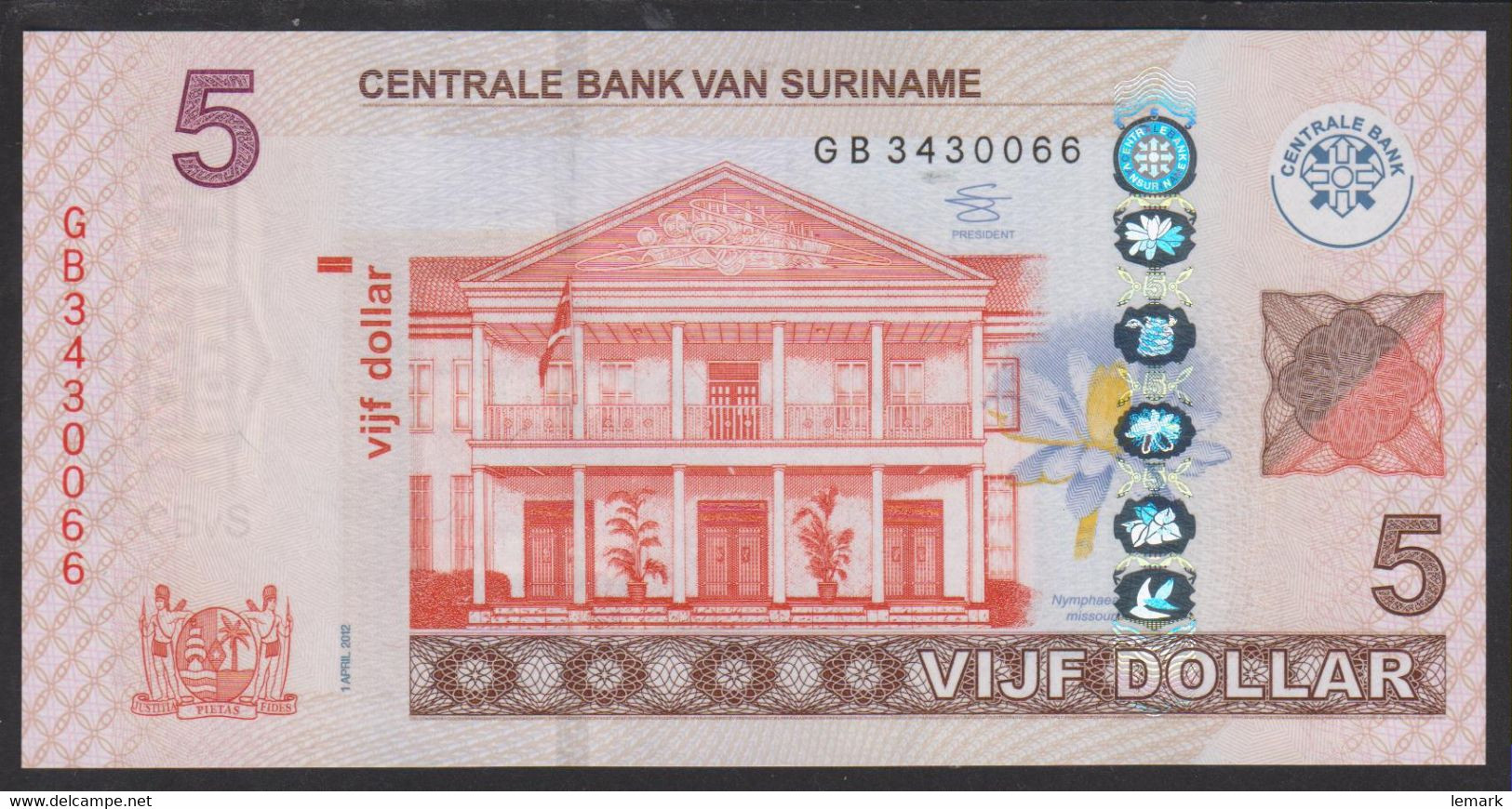 Suriname 5 Dollars 2012 P162b  UNC - Suriname