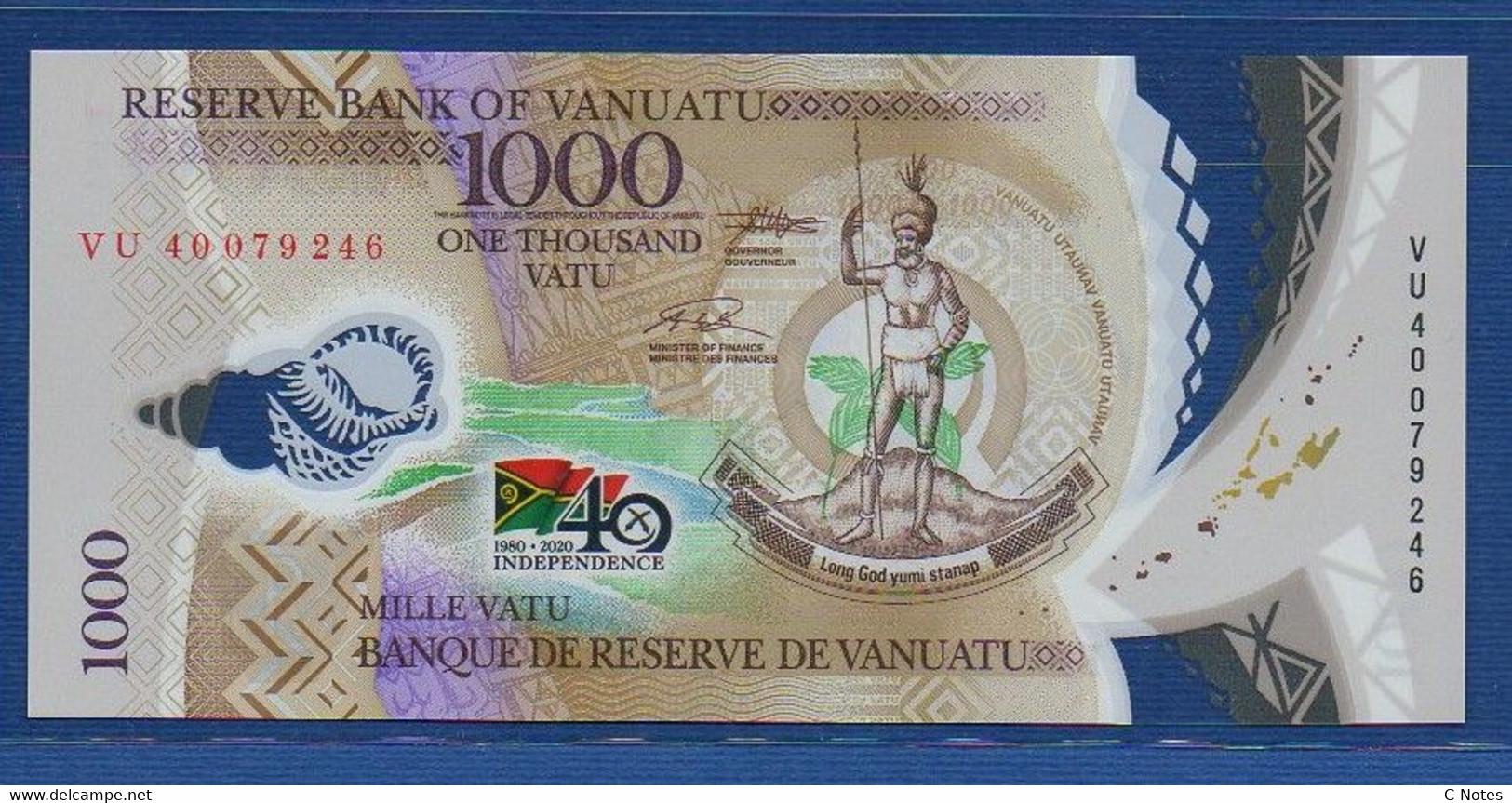 VANUATU - P.21 – 1000 VATU  ND (2020), UNC, Prefix VU40079246 -  "40th Anniversary Of Independence" Commemorative Issue - Vanuatu