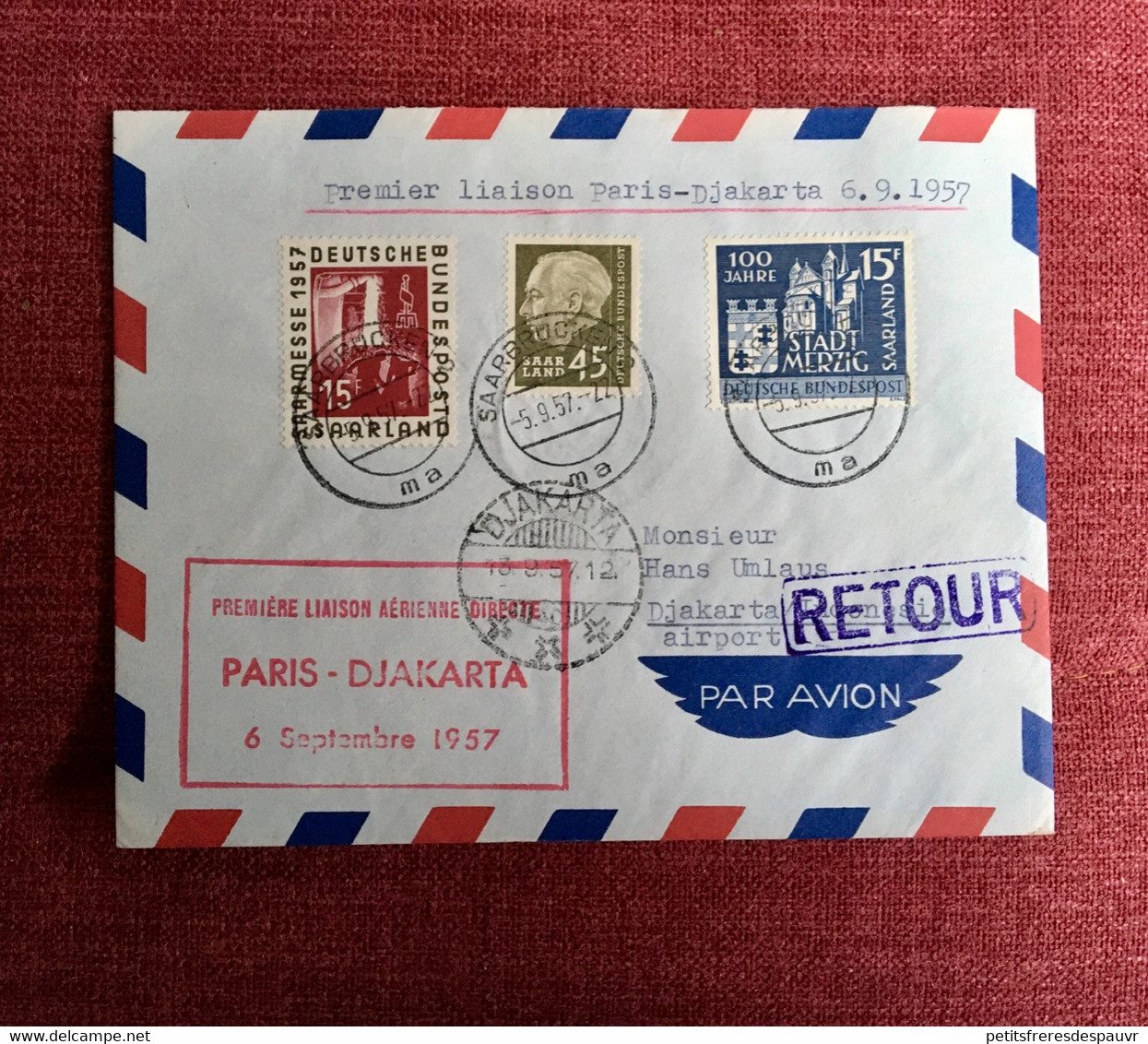 SAAR First Airmail Flight / Erstflug 1957 From Saarbrucken / Paris / Djakarta - Nice Franking & Cancellations - Briefe U. Dokumente