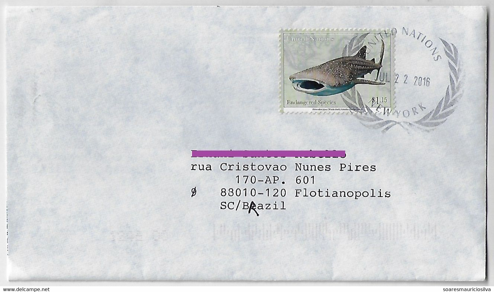 United Nations 2016 Cover From New York To Florianópolis Brazil Stamp Whale Shark Electronic Sorting Mark NEC-ENSEC - Lettres & Documents