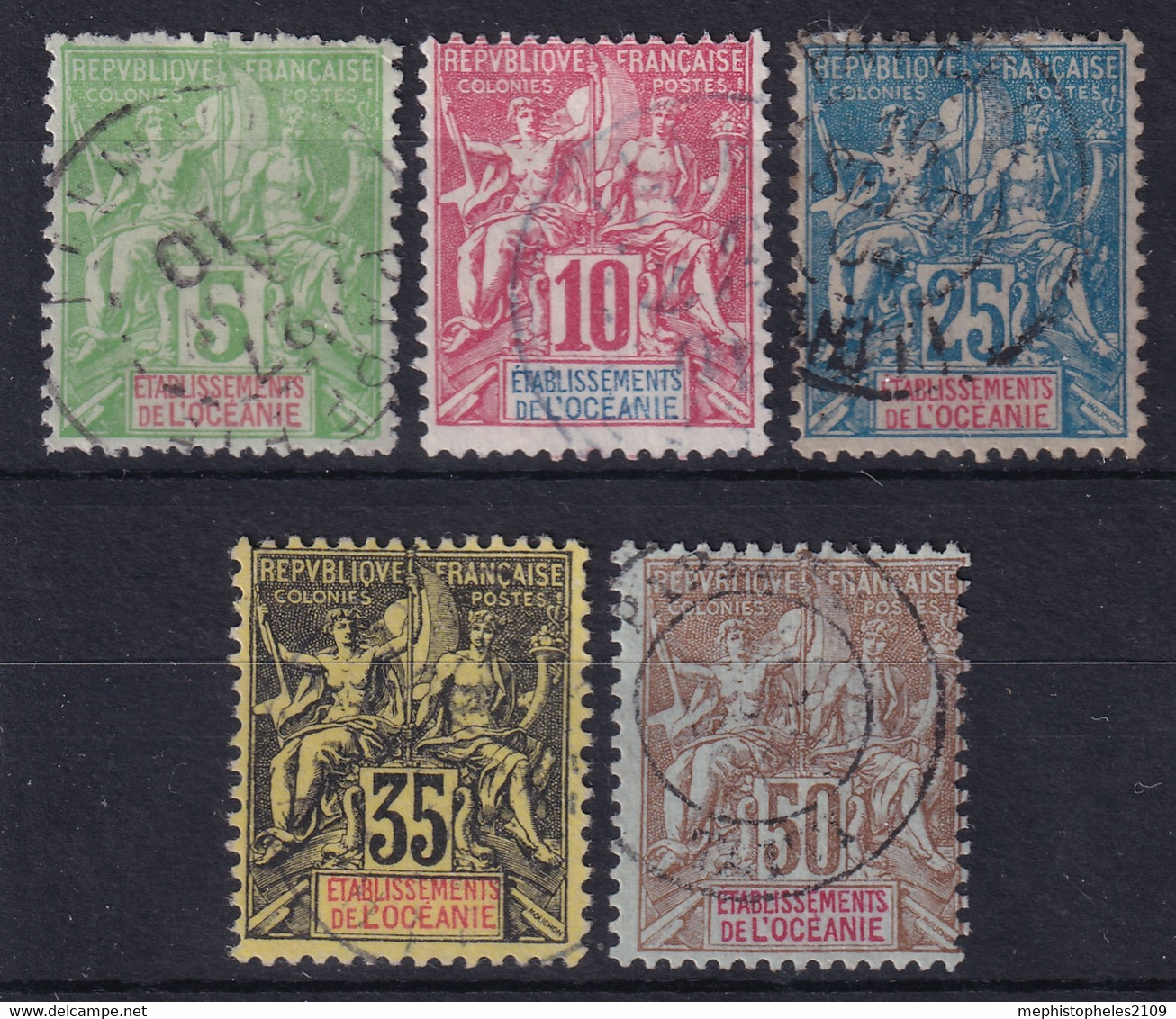 ÉTABLISSEMENTS DE L'OCÉANIE 1900-07 - Canceled - YT 14, 15, 17, 18, 20 - Used Stamps