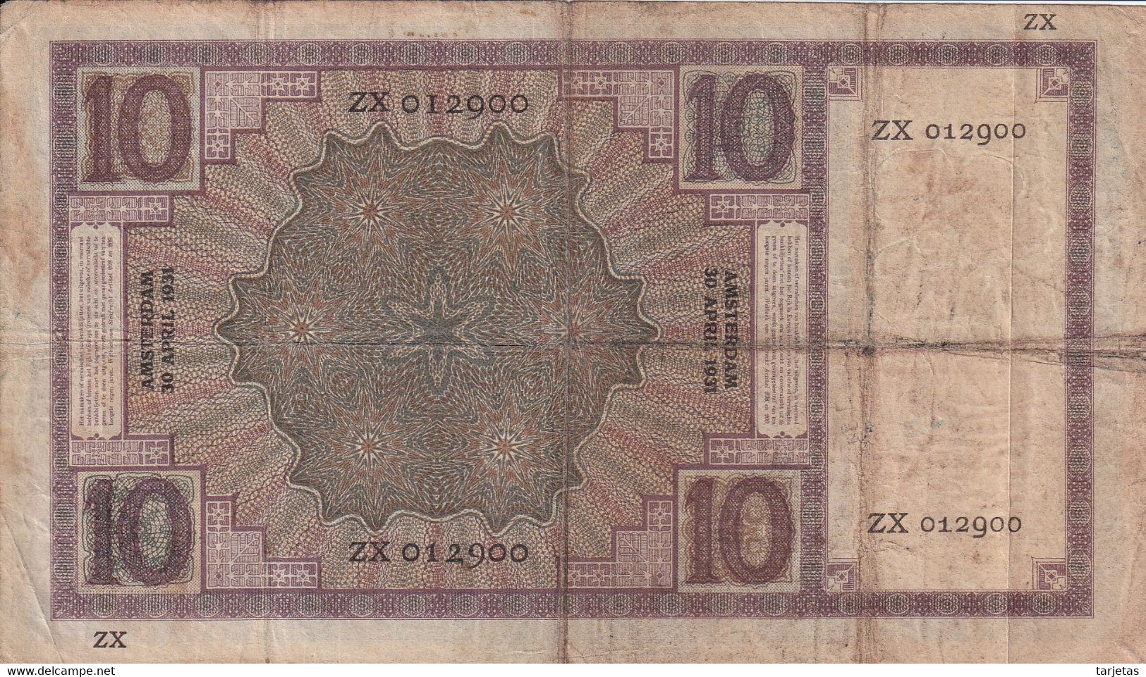 BILLETE DE HOLANDA DE 10 GULDEN DEL 30 DE APRIL 1931  (BANKNOTE)  MUY RARO - 10 Florín Holandés (gulden)