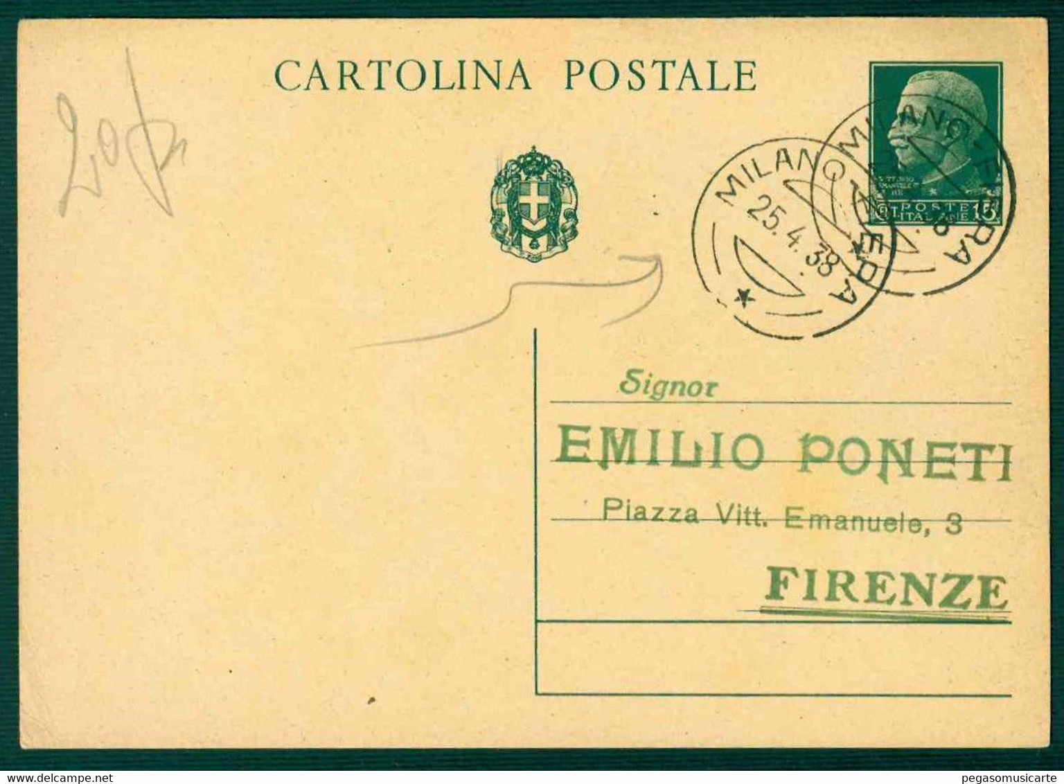 CLM063 - CARTOLINA POSTALE - INTERO POSTALE CENTESIMI 15  STORIA POSTALE 1938 - Stamped Stationery