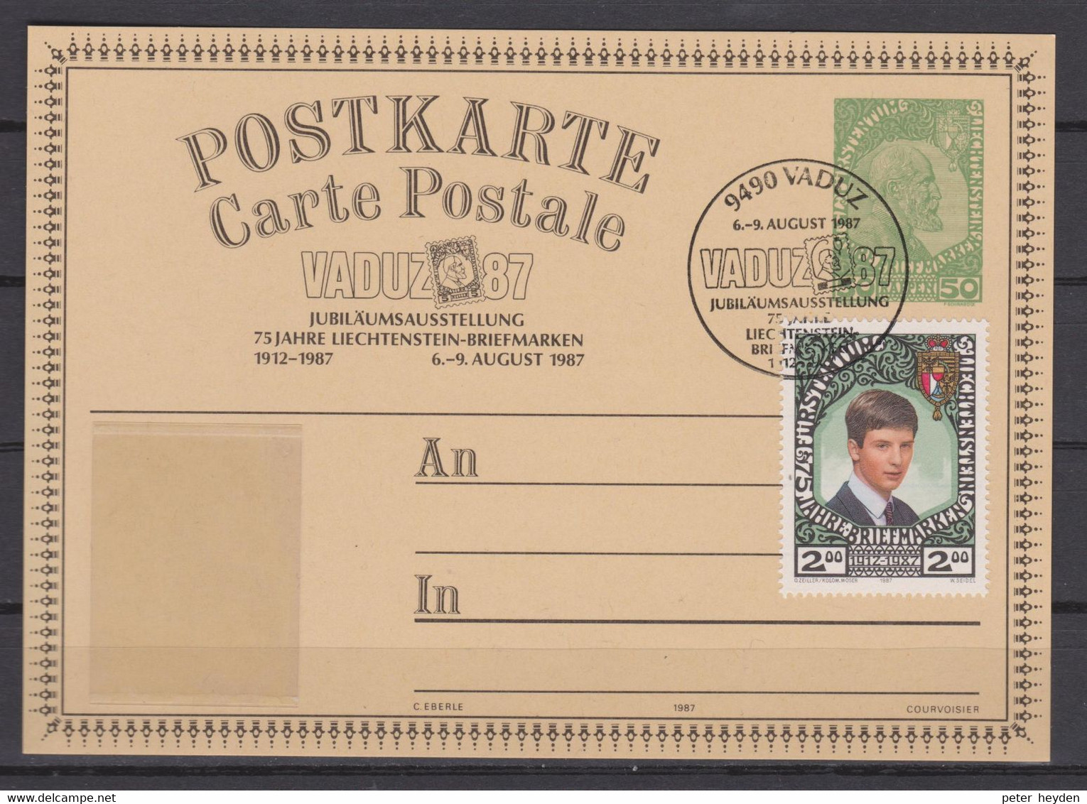 LIECHTENSTEIN 1987 Stamp Anniversary On 1912 Type Postcard With 50 Heller Imprint And Special Vadus 87 Cancel  Mi. 921 - Lettres & Documents