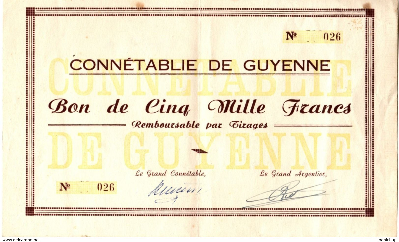 Confrérie Vineuse - Connétablie De Guyenne - Bon De 5000 Francs Remboursable Par Tirage - Syndicat Des Côtes De Bourg. - Landbouw