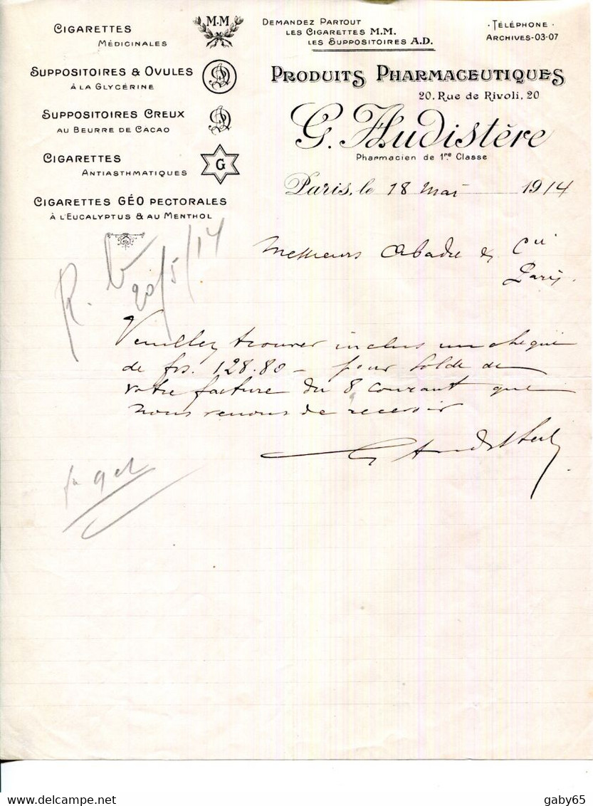 FACTURE.PARIS.SUPOSITOIRES.CIGARETTES.PRODUITS PHARMACEUTIQUES.G.AUDISTERE 20 RUE ROYALE. - Perfumería & Droguería