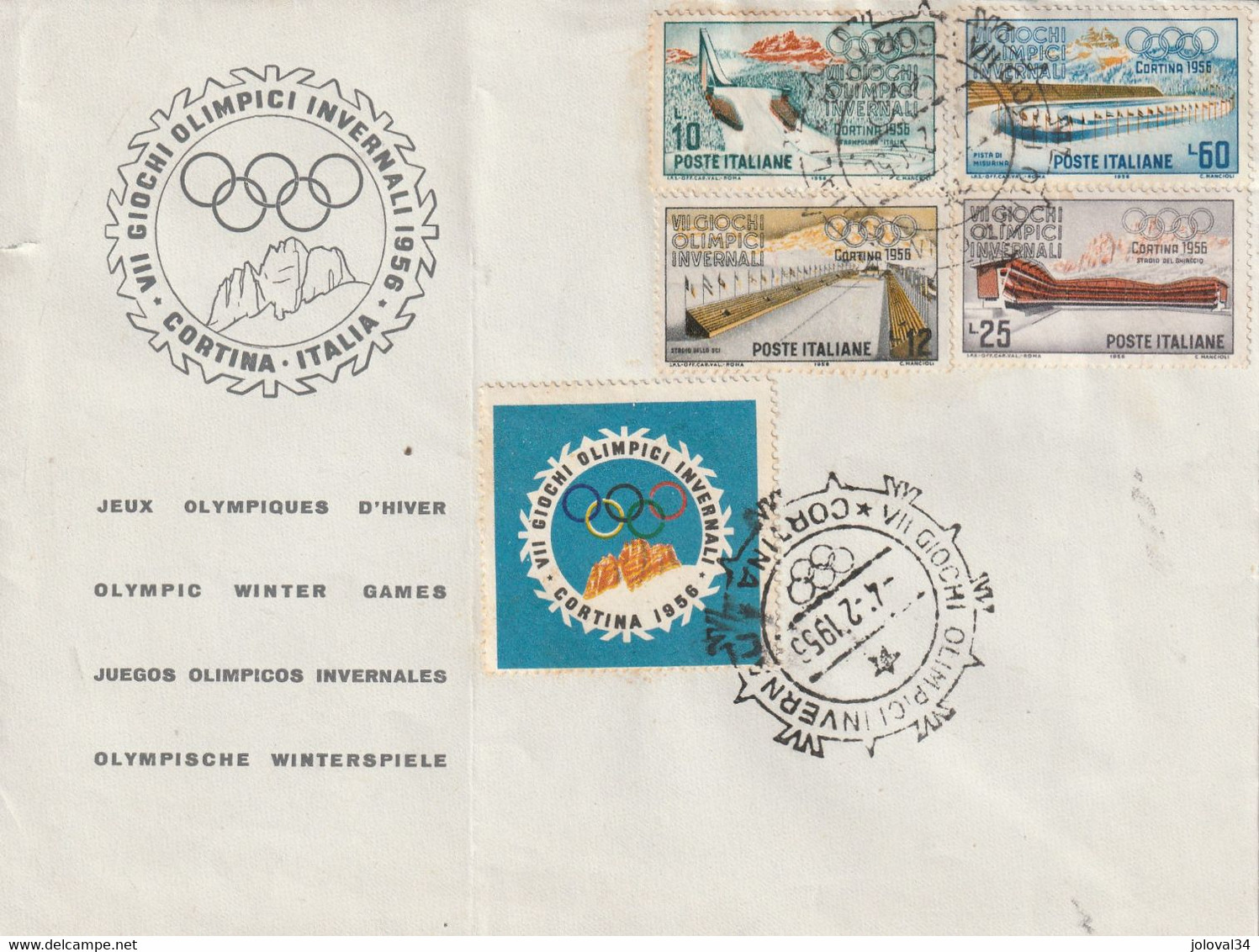 Lettre Comitato Organizzatore  VII Giochi Olimpici Invernali CORTINA D' AMPEZZO Cachet Illustré 4/2/1956  Avec Vignette - Invierno 1956: Cortina D'Ampezzo