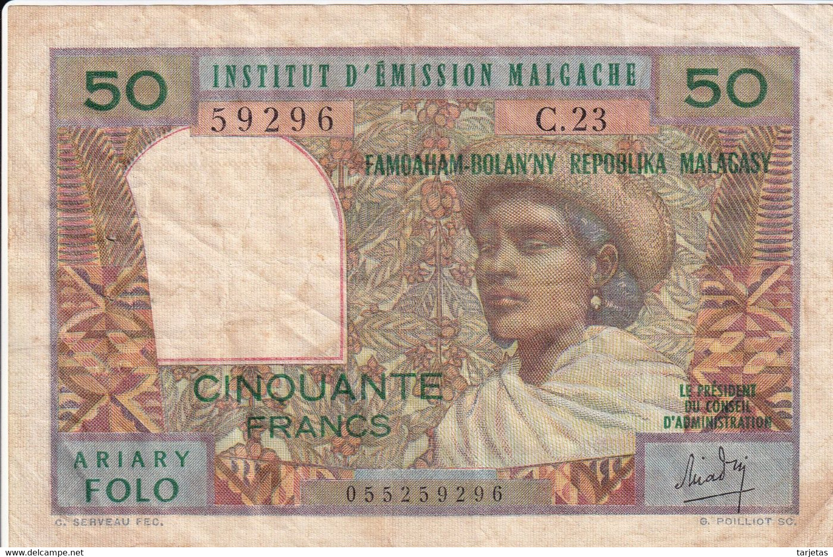 BILLETE DE MADAGASCAR DE 50 FRANCS DEL AÑO 1969 - Madagascar