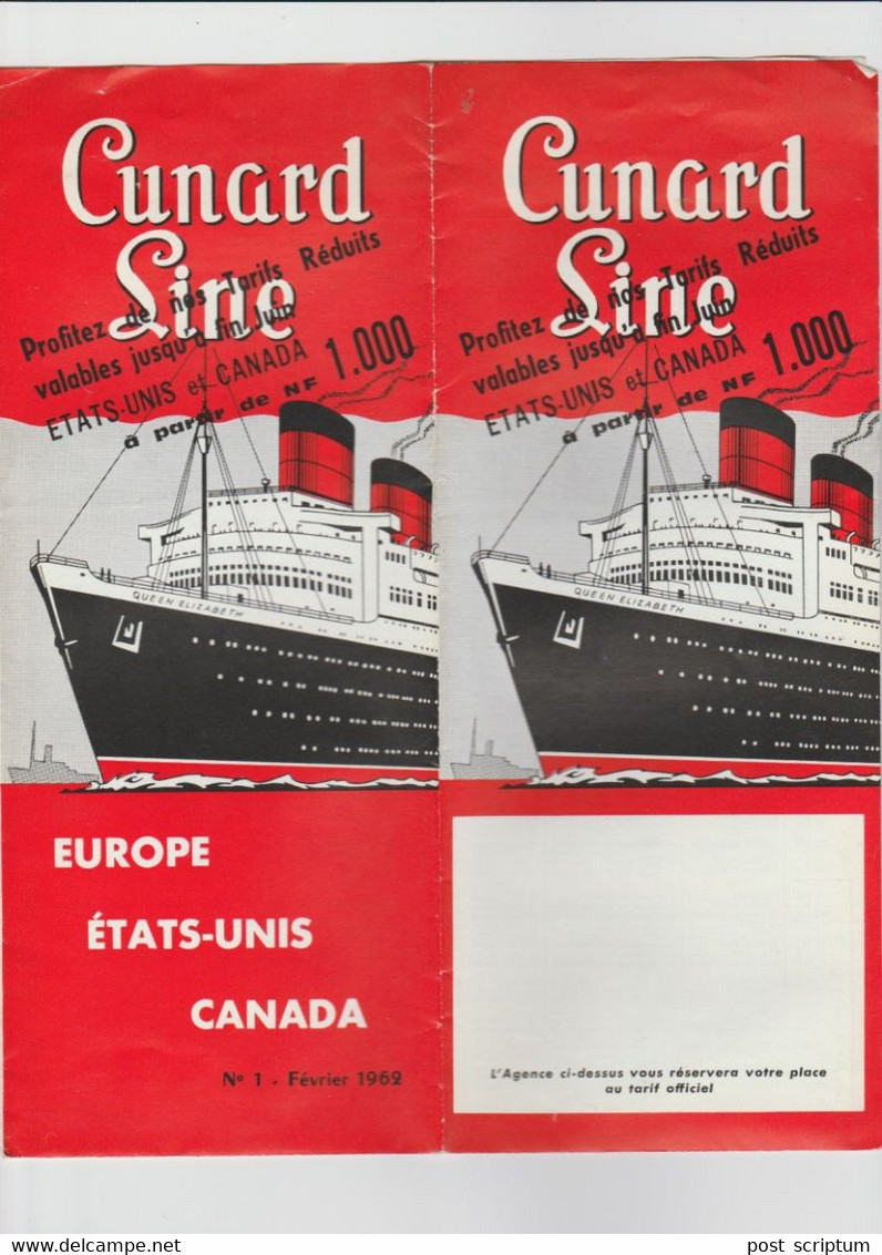 Vieux Papiers - Horaires -  Dépliant Cunard Line - Europe Etats Unis Canada Ave Départs Et Tarifs - Année 1962 - World