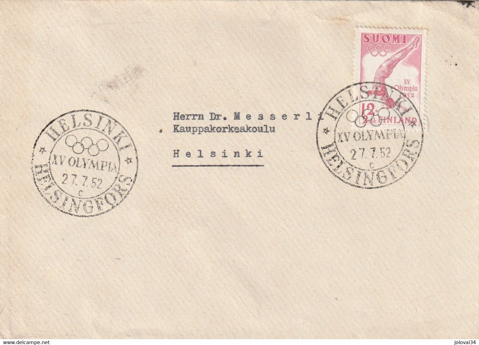 Cachet Helsinki Helsingfors XV Olympia 27/7/1952 Sur Lettre Illustrée Anneaux  Pour Messerli - Verano 1952: Helsinki