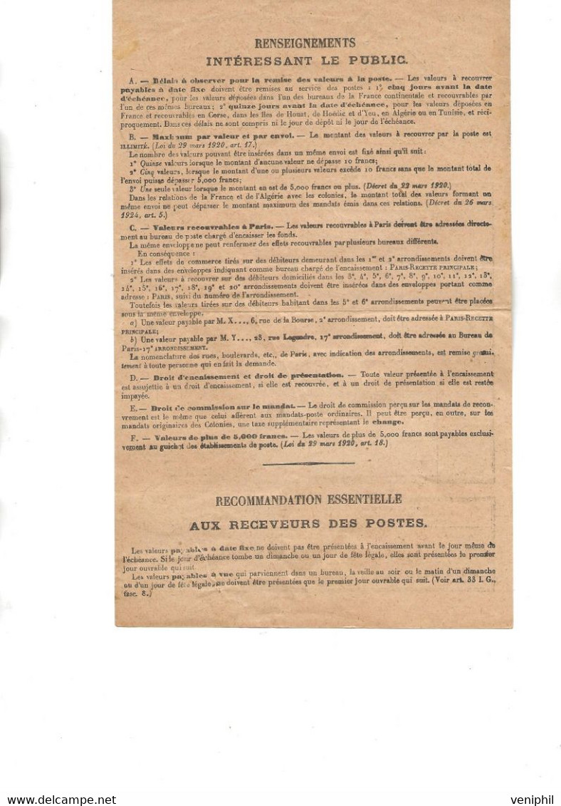 TIMBRES TAXES N° 44  EN BLOC ET PAIRES SUR BORDEREAU  VALEURS A RECOUVRER -POSTES ET TELEGRAPHES - CAD BOURDEILLES 1928 - 1859-1959 Lettres & Documents