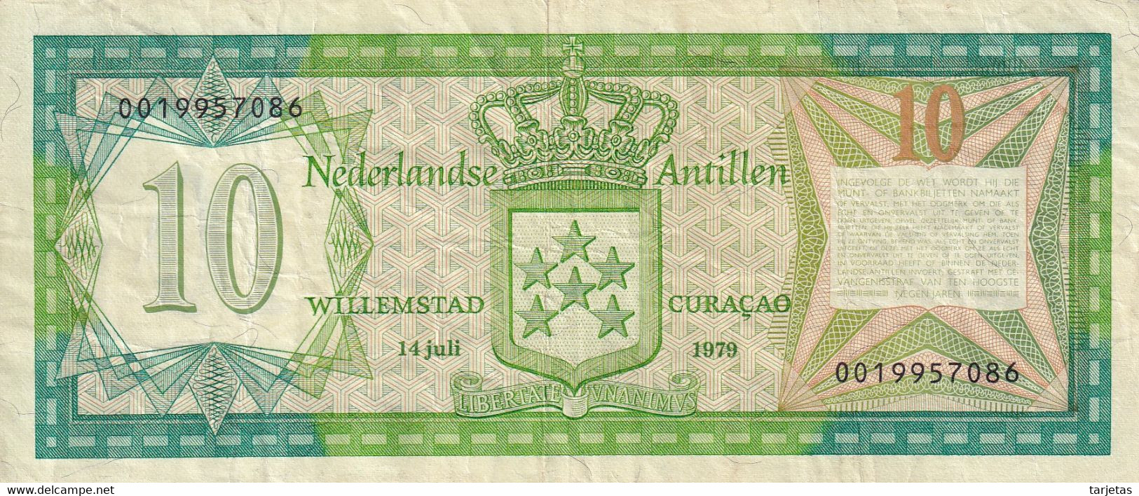 BILLETE DE CURAÇAO DE 10 GULDEN DEL AÑO 1979  (BANK NOTE) - Nederlandse Antillen (...-1986)