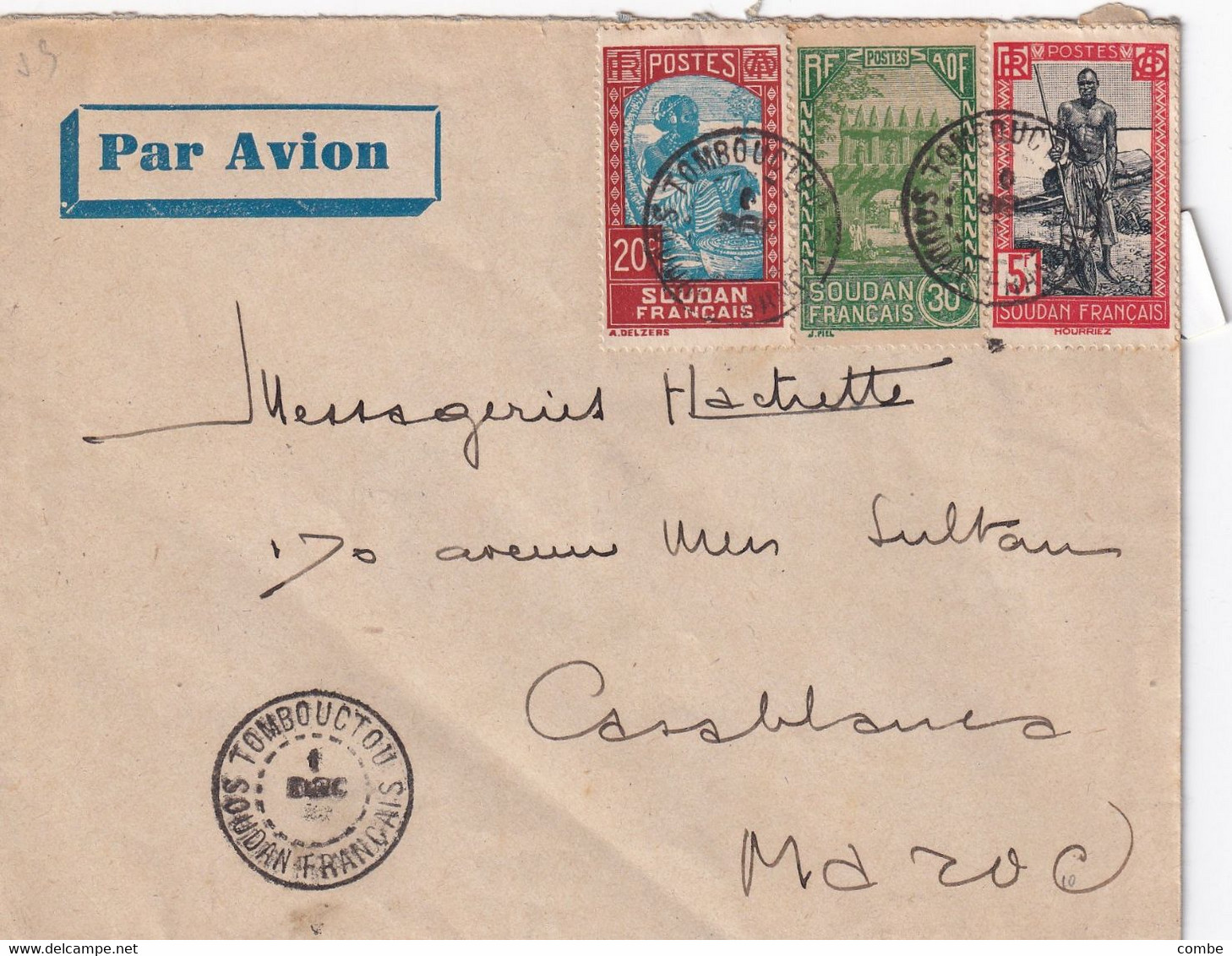 LETTRE SOUDAN. 1 DEC 1938. PAR AVION. 5,50Fr. TOMBOUCTOU POUR CASABLANCA MAROC    /2 - Lettres & Documents