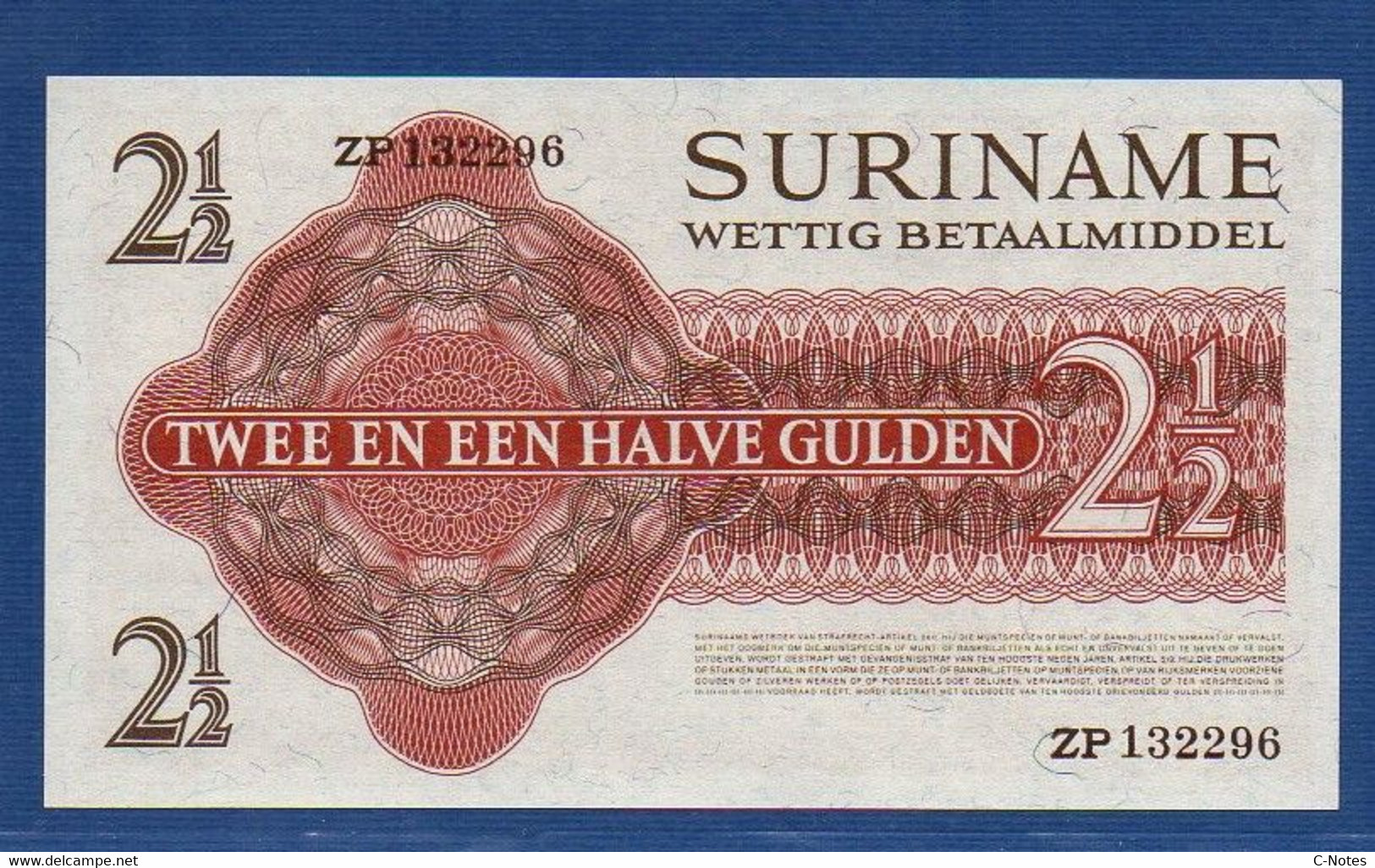 SURINAME - P.117b – 2 1/2 Gulden L. 08.04.1960 (1967) UNC, Serie ZP 132296 - Surinam