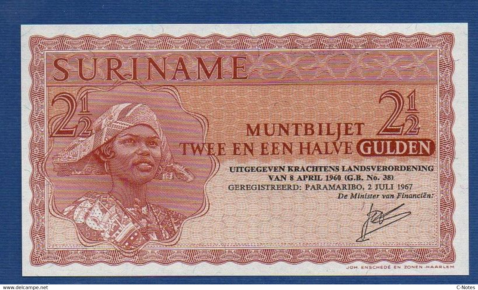 SURINAME - P.117b – 2 1/2 Gulden L. 08.04.1960 (1967) UNC, Serie ZP 132296 - Surinam