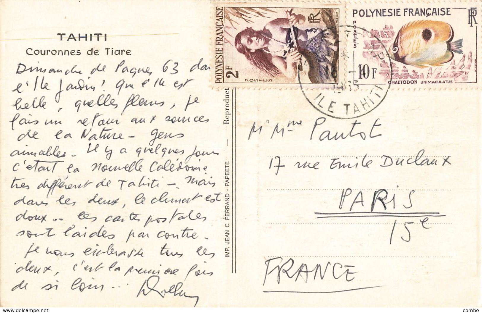 CARTE POLYNESIE. COURONNES DE TIARE. 1965. PAPEETE POUR PARIS   /2 - Storia Postale