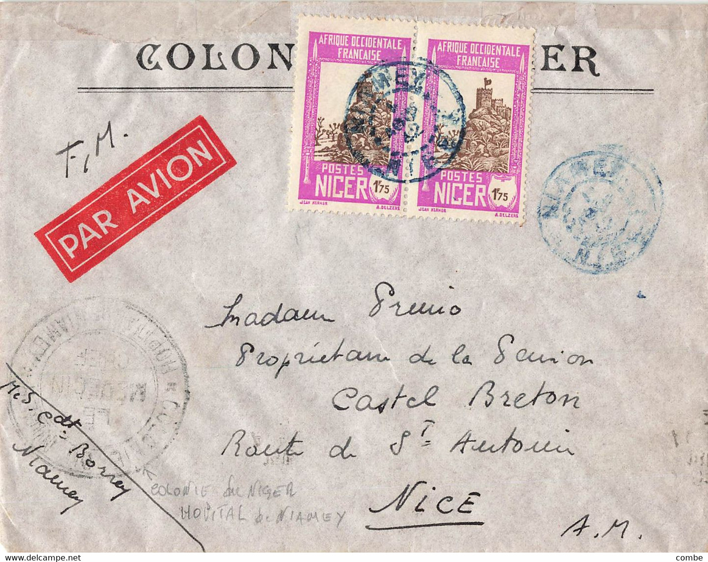 LETTRE. NIGER. FM. 1 AOUT 1942. PAR AVION 3,50Fr. HOPITAL DE NIAMEY. NIAMEY POUR NICE  /2 - Covers & Documents