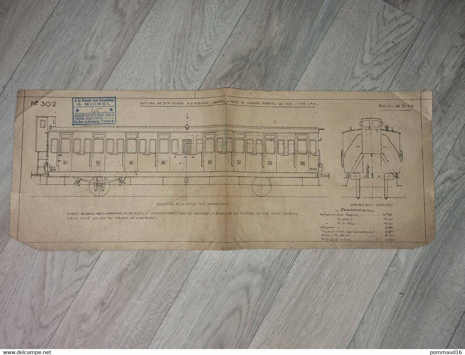 Plan N°302 Voiture De 3ème Classe à 2 Essieux, Couloir Partiel Du Midi, échelle23 M/m - Andere Plannen