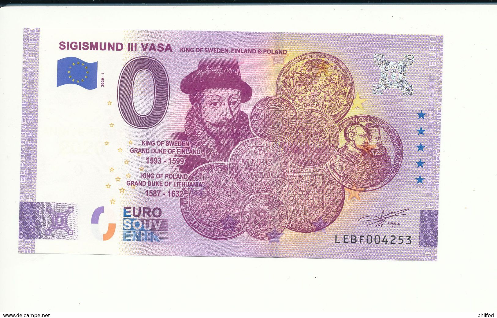 Billet Touristique 0 Euro -  SIGISMUND III VASA KING OF SWEDEN, FINLAND & POLAND - LEBF -  2020-1 - ANNIV - N° 4253 - Autres & Non Classés