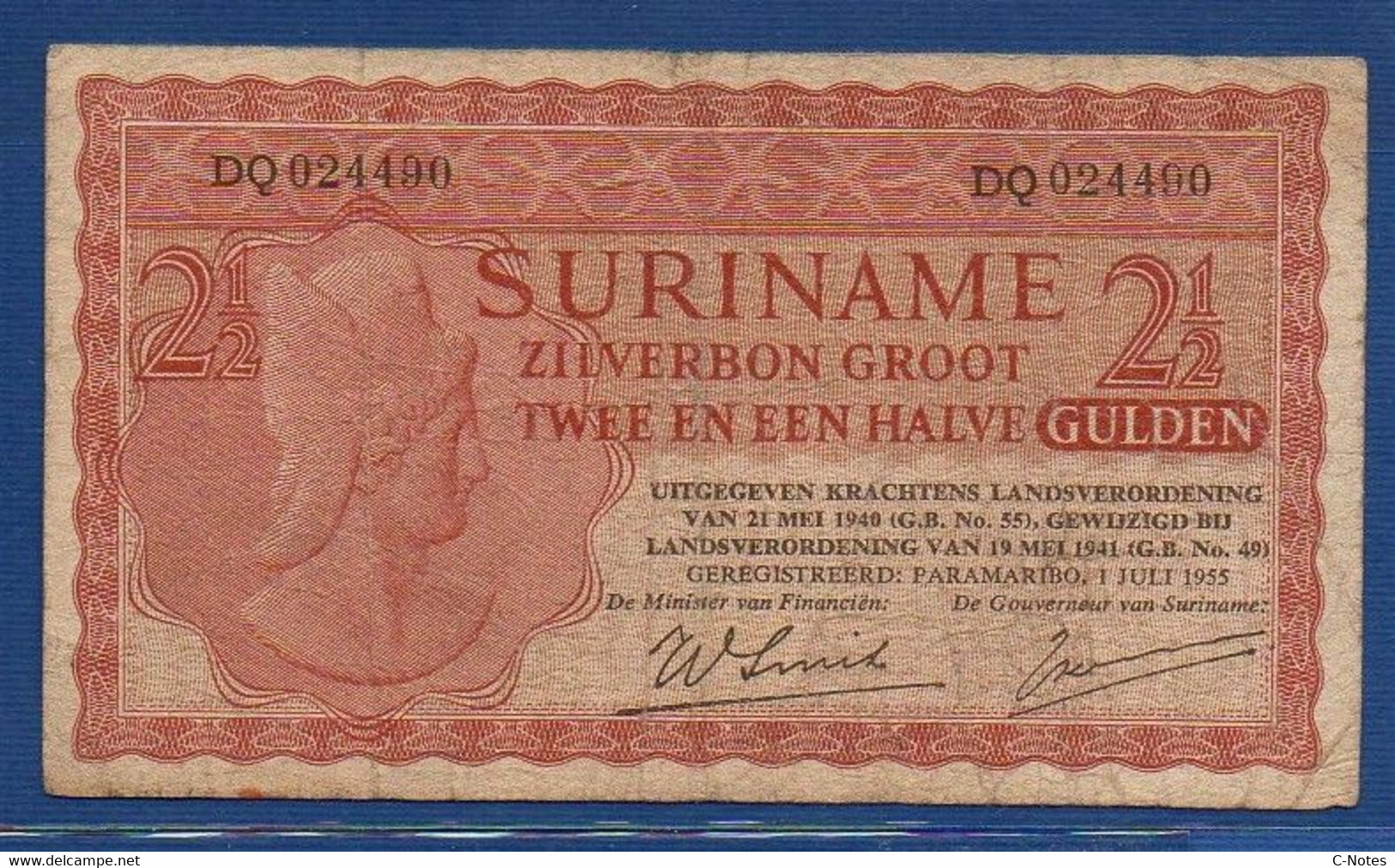 SURINAME - P.110 – 2½ Gulden 1955 F/VF, Serie DQ024490 - Surinam