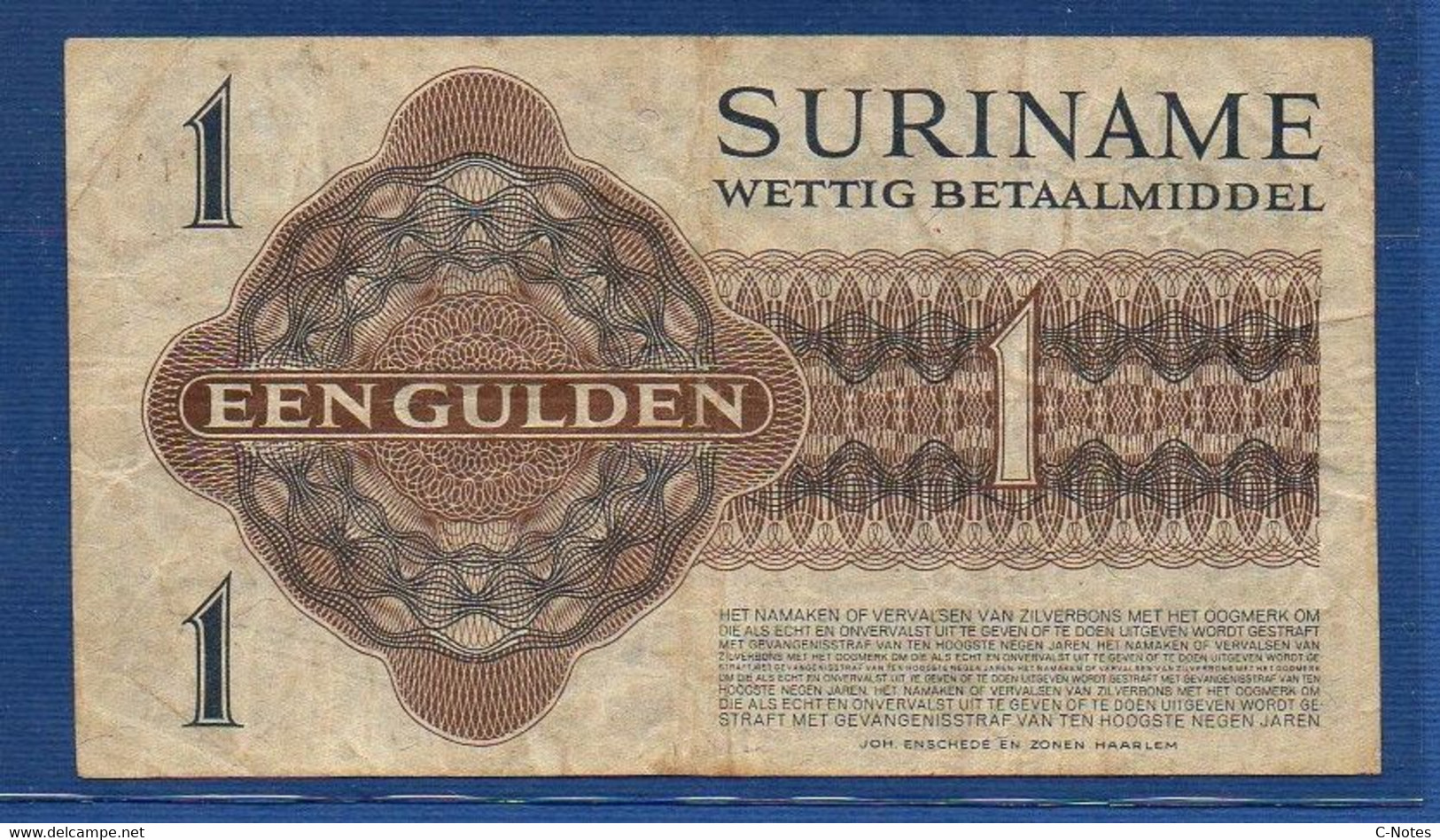 SURINAME - P.108a – 1 Gulden 1954 F/VF, Serie BT062247 - Suriname