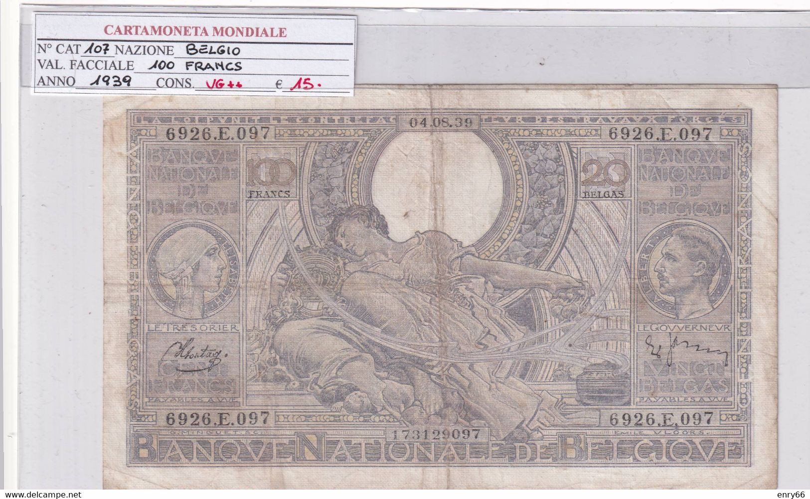 BELGIO 100 FRANCS 1939 P107 - 100 Franchi