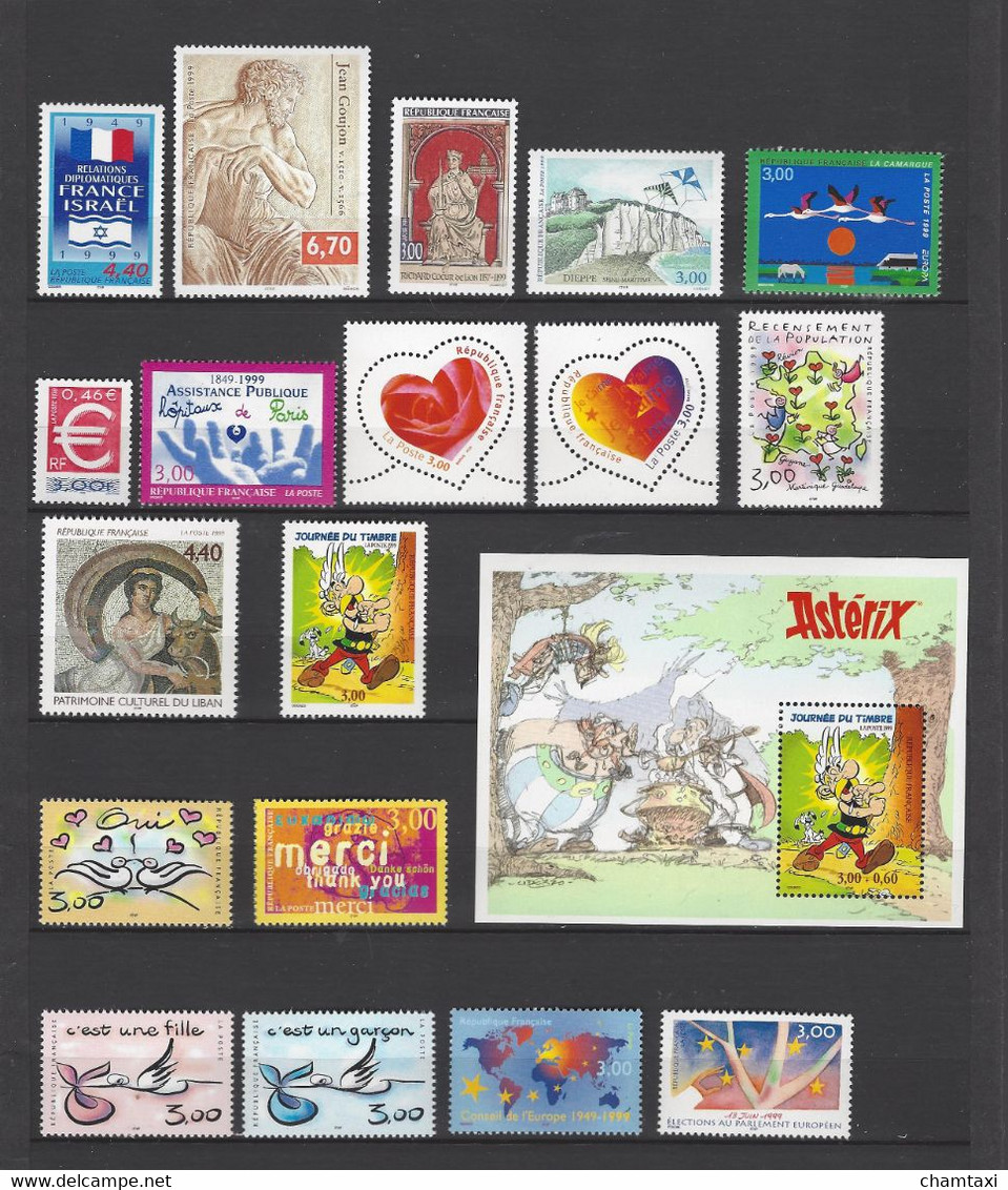 FRANCE 1999 ANNEE COMPLETE 57 TIMBRES EMIS EN FEUILLE  LES 5 TIMBRES ISSUS DE CARNET 5 CARNETS 5 BLOCS PA 63 SERVICE (2) - 1990-1999