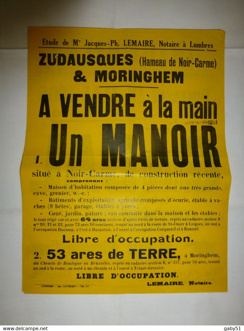 62 Zudausques (Noir-Carme) Et Drionville, 1965, Vente Manoir Et Bal, Affiche Ancienne ORIGINALE, Ref 1399  ; A 31 - Afiches