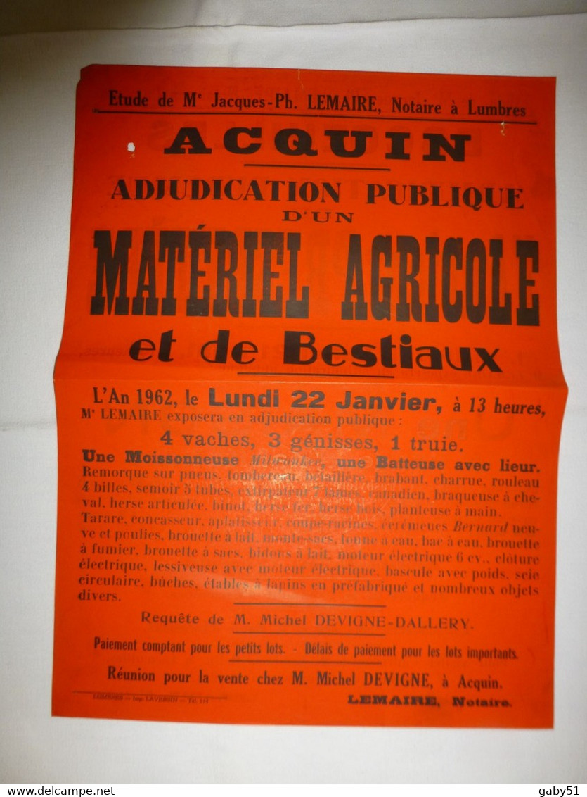 62 Acquin, 1962, Vente Moissonneuse Milwankee, Et Escoueilles, Presbytère, Affiche Ancienne ORIGINALE, Ref 1397  ; A 31 - Afiches