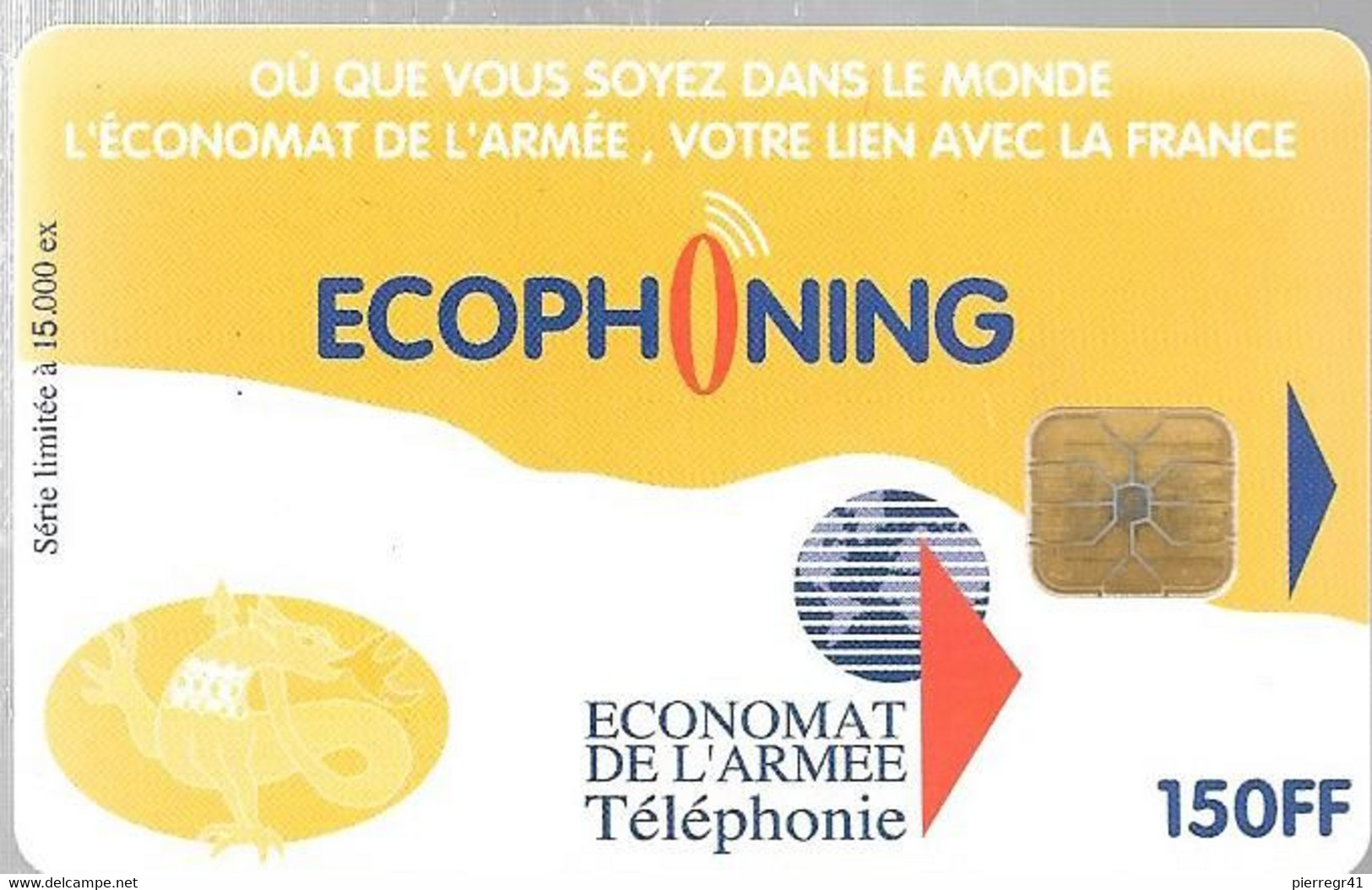 CARTE-PUCE-MILITAIRE- ECOPHONING-SFOR 08-150FF-V°ARMEE De TERRE-15000Ex-JAUNE-BE - - Military Phonecards