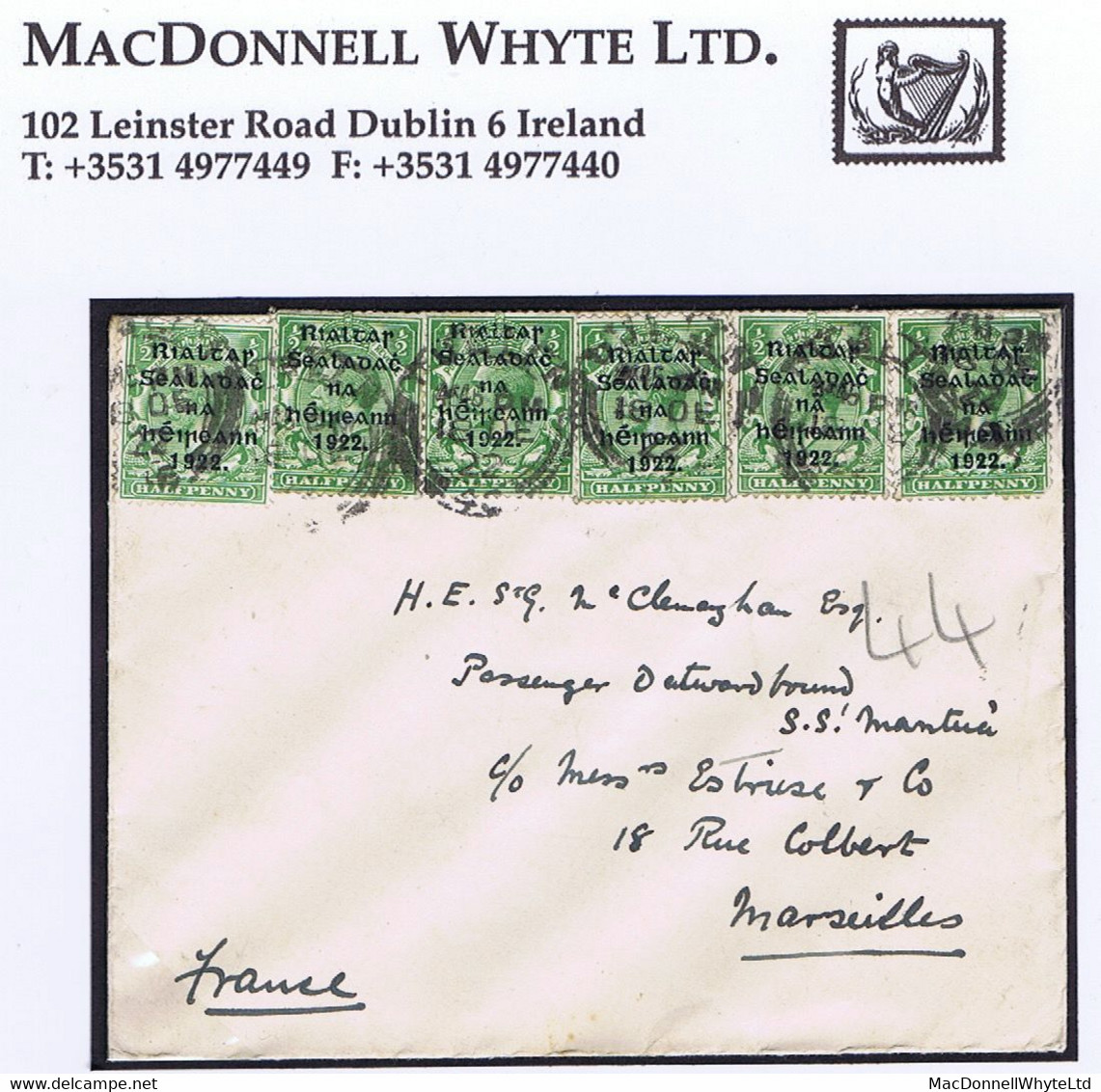 Ireland 1922 (Nov) Thom Wide Setting ½d, Mixed Usage With Thom Narrow ½d (5) On Cover To SS Mantua At Marseilles - Briefe U. Dokumente