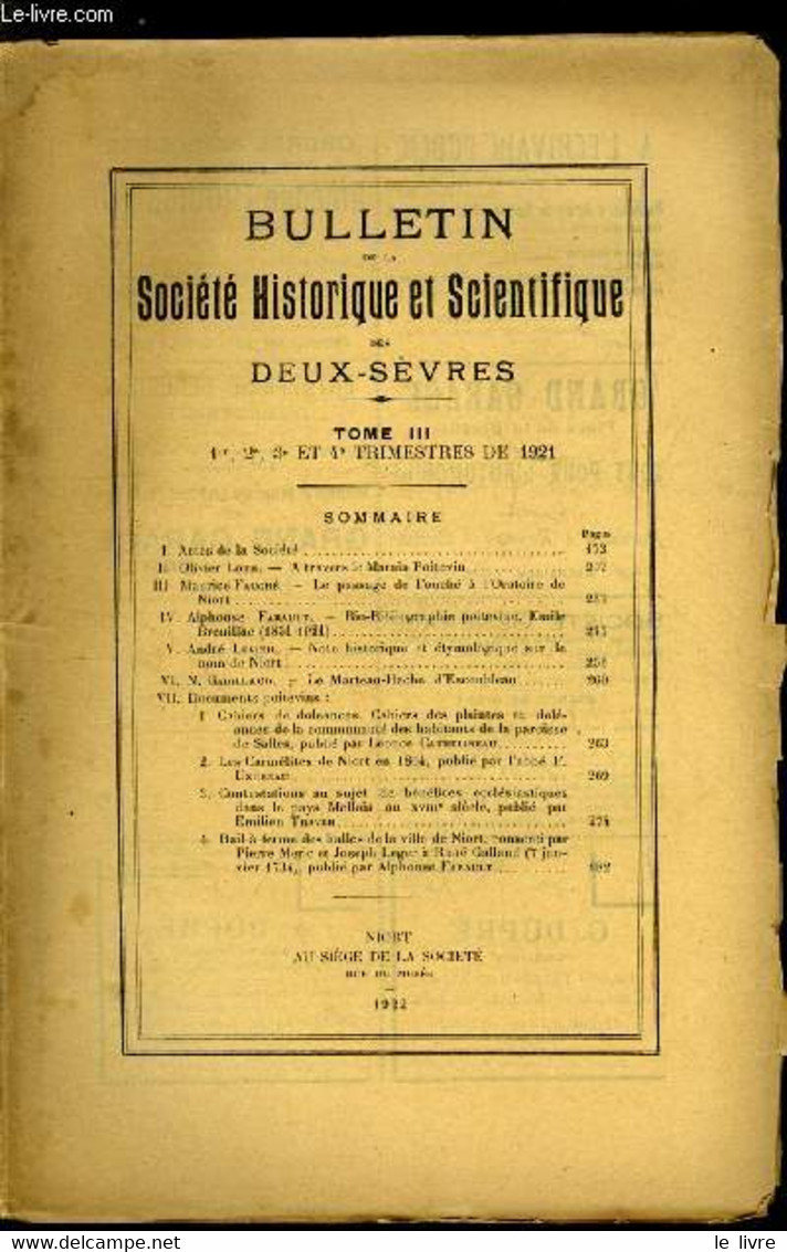 Bulletin De La Société Historique Et Scientifique Des Deux-sèvres Tome III 1er, 2e, 3e Et 4e Trimestres - A Travers Le M - Auvergne