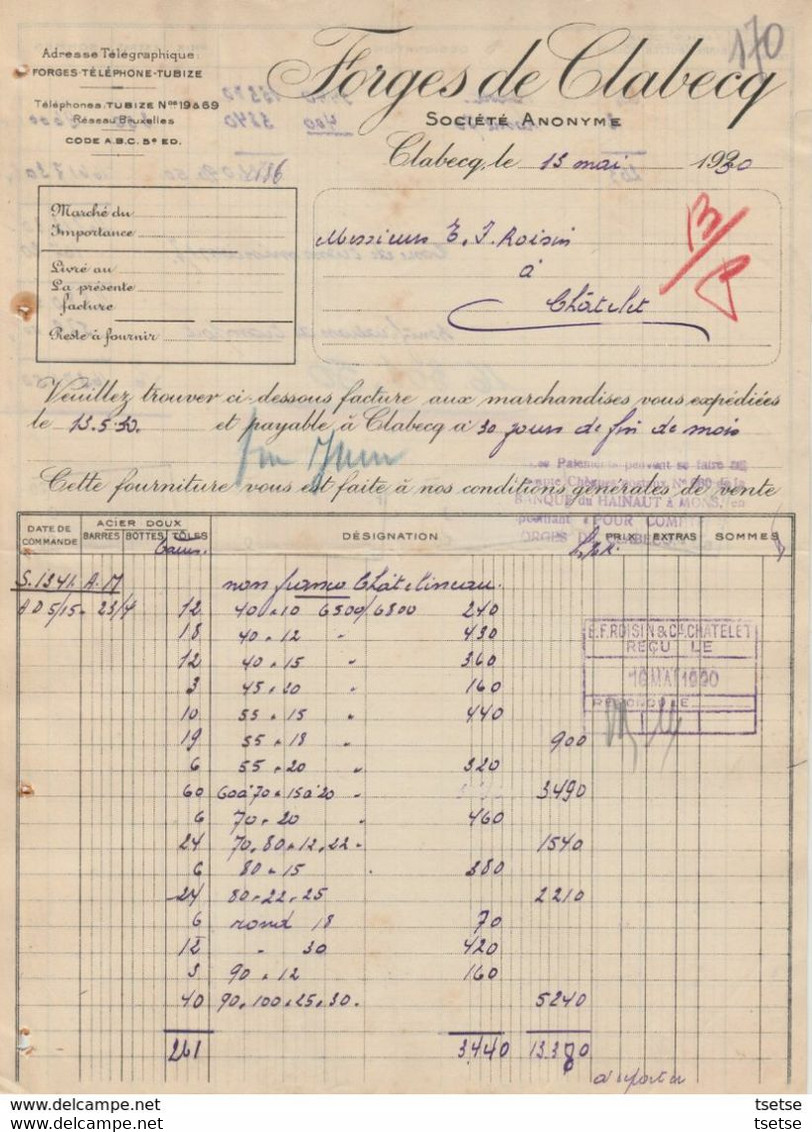 Facture - Forges De Clabecq , Société Anonyme - 1930 - Tubize