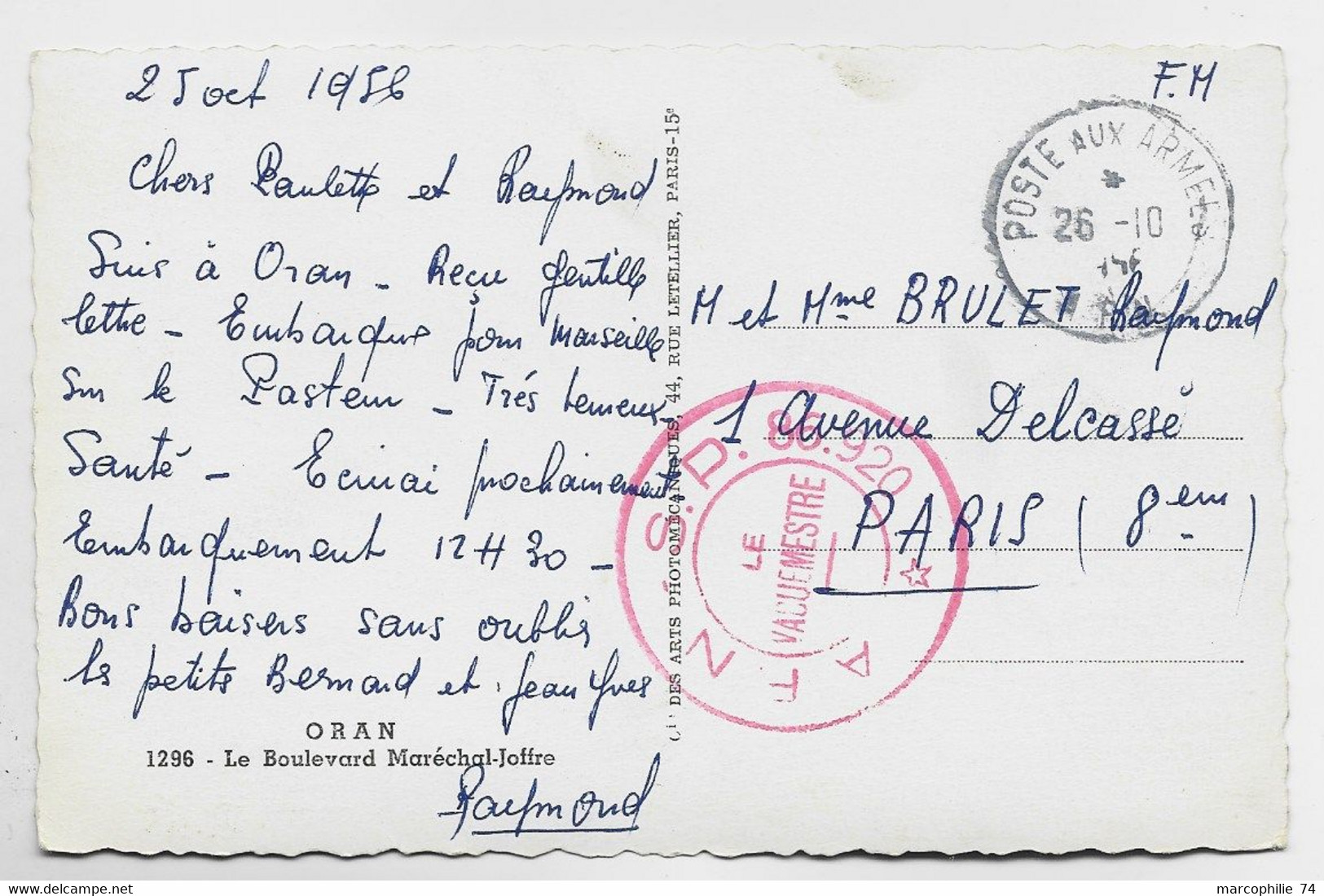 GUERRE ALGERIE CARTE ORAN POSTE AUX ARMEES AFN 26.10.1956 + CACHET ROUGE AFN SP 86.920 LE VAGUEMESTRE - War Of Algeria