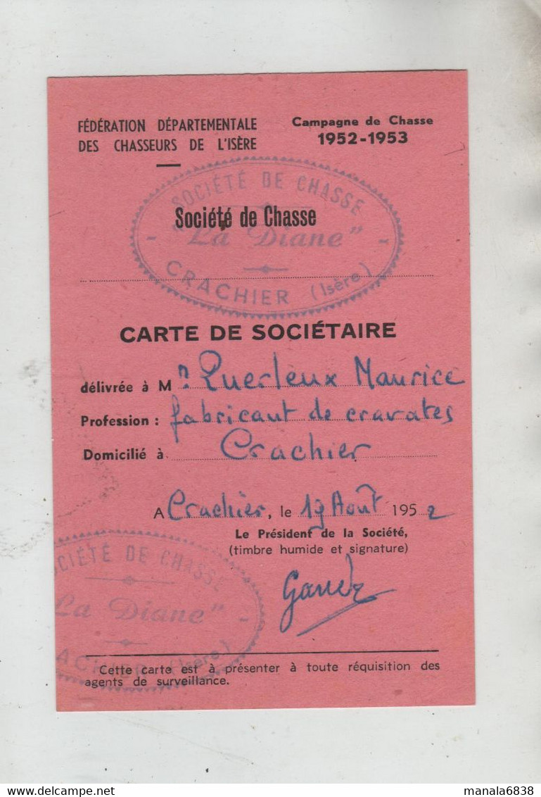 Société De Chasse La Diane Crachier 1952 Querleux Fabricant De Cravates Crachier - Non Classés