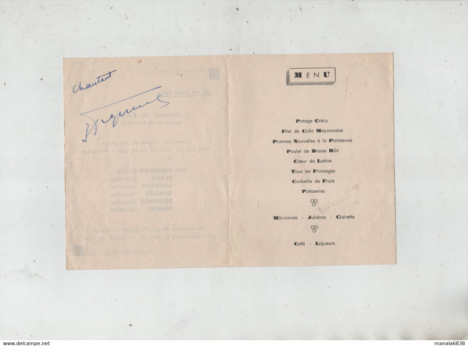 Farat  PTT 1951 Légion D'Honneur Piquiaud Blanc Baurain Renaux Fournier Perrier Menu - Menus