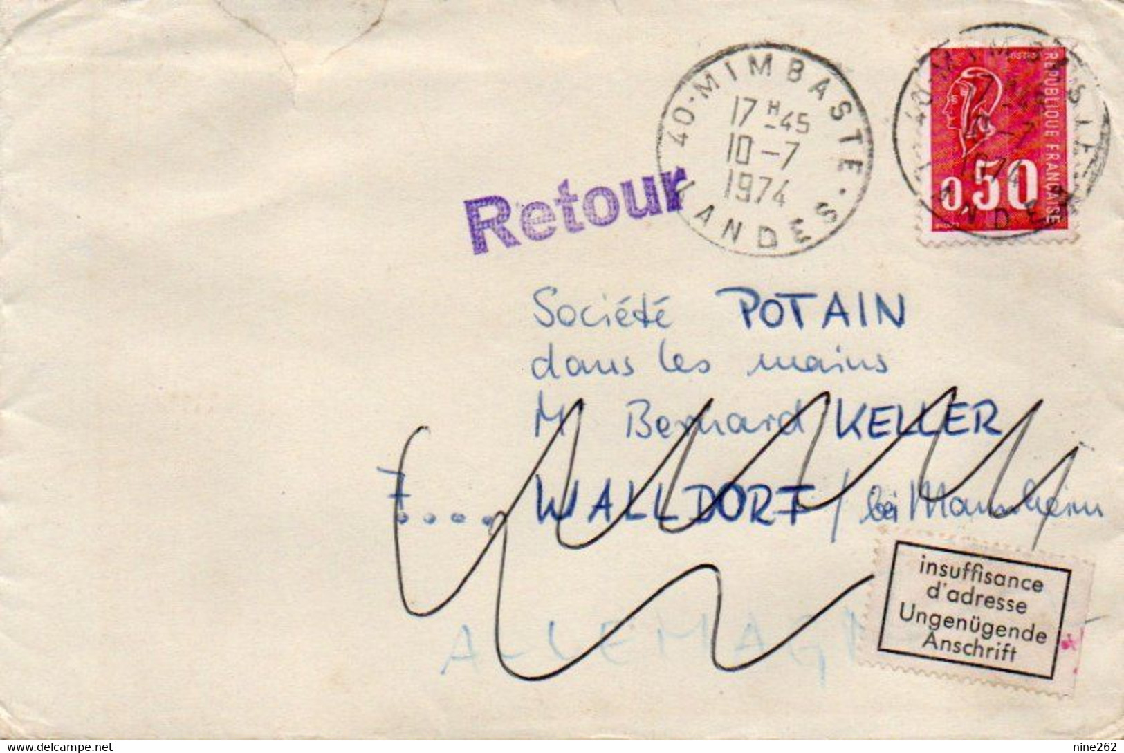 0.50 BEQUET  SUR LETTRE POUR ALLEMAGNE...RETOUR +INSUFISANCE +CACHET AU DOS ..... - Covers & Documents