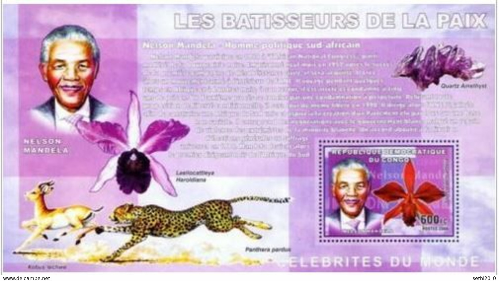 Congo 2006  Minerals Minéraux  Quartz Amethiste Nelson MANDELA  Orchid Orchidée Cat Chat Panthère MNH - Minéraux