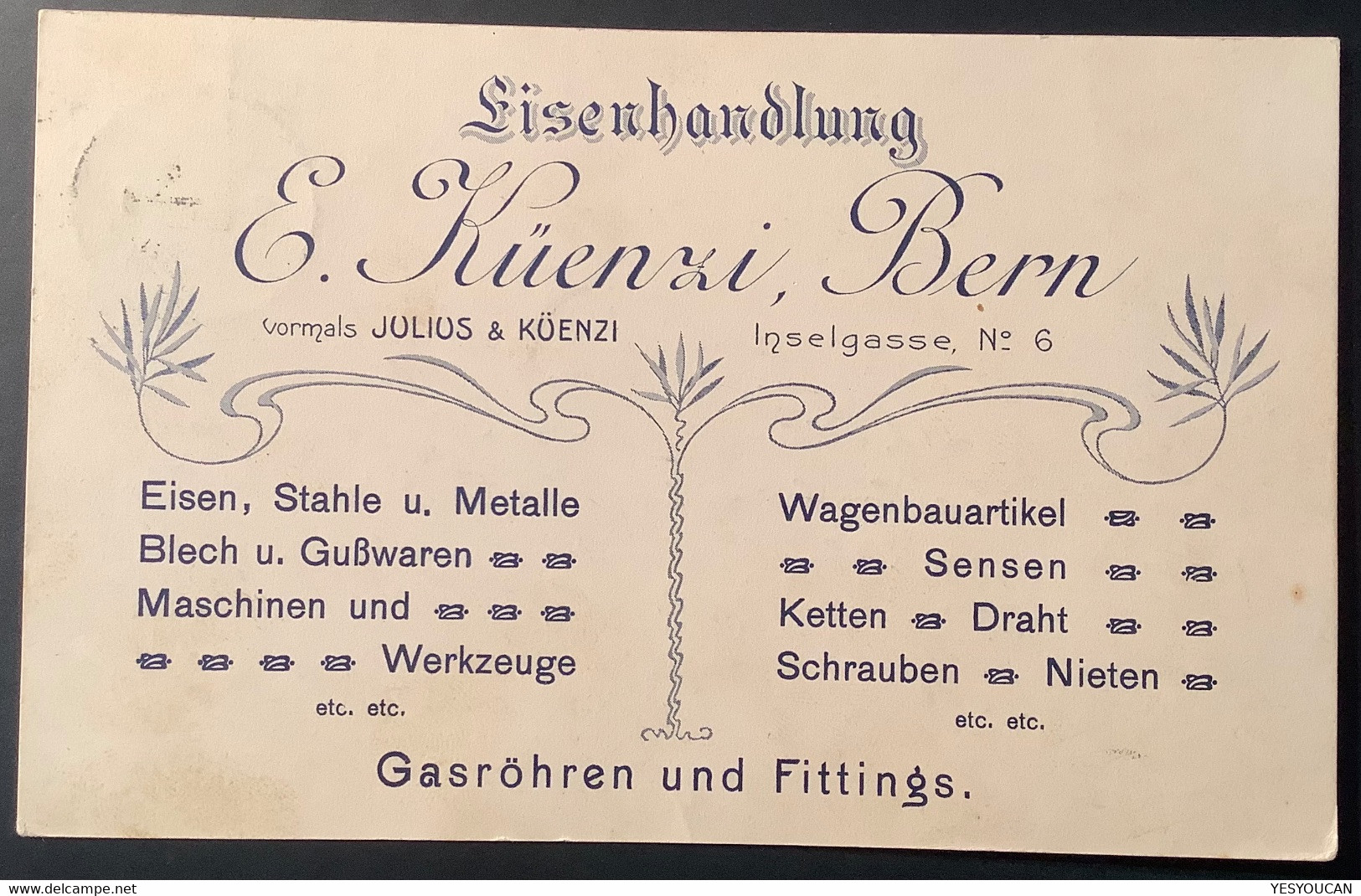 Privatganzsache EISENHANDLUNG KÜENZI BERN1911 Tellknabe PP (Schweiz Iron Steel Fer Acier Agriculture Automobile Cars - Ganzsachen