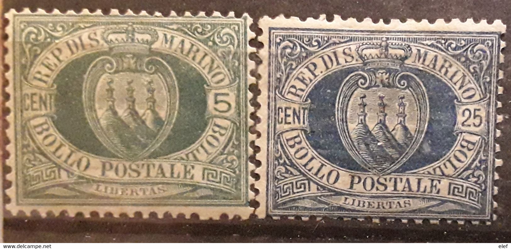 SAN MARINO SAINT MARIN 1895 Armoiries, 2 Timbres Yvert No 27 & 30 , 5 C Vert Et 25 C Bleu Neufs * MH TB - Unused Stamps