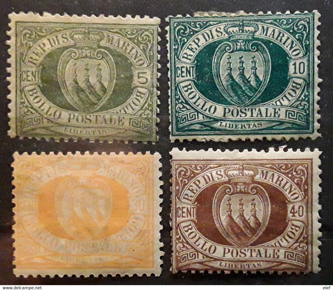 SAN MARINO SAINT MARIN 1892 - 1894 Armoiries, 4 Timbres Yvert No 13,14,16,17 , Neufs * MH TB Cote 27 Euros - Neufs