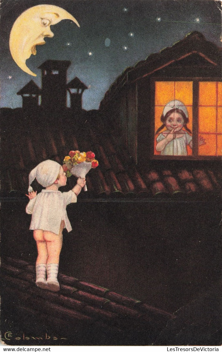 Illustrateur - Colombo - Enfant Qui Offre Des Fleurs - Lune - Toît -  Carte Postale Ancienne - Colombo, E.