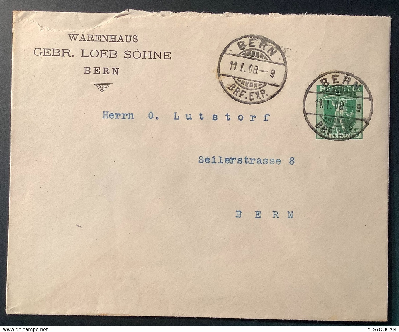 Privatganzsache WARENHAUS GEBR LOEB SÖHNE BERN1908 Tellknabe (Schweiz PTO Grand Magasin Department Store - Stamped Stationery