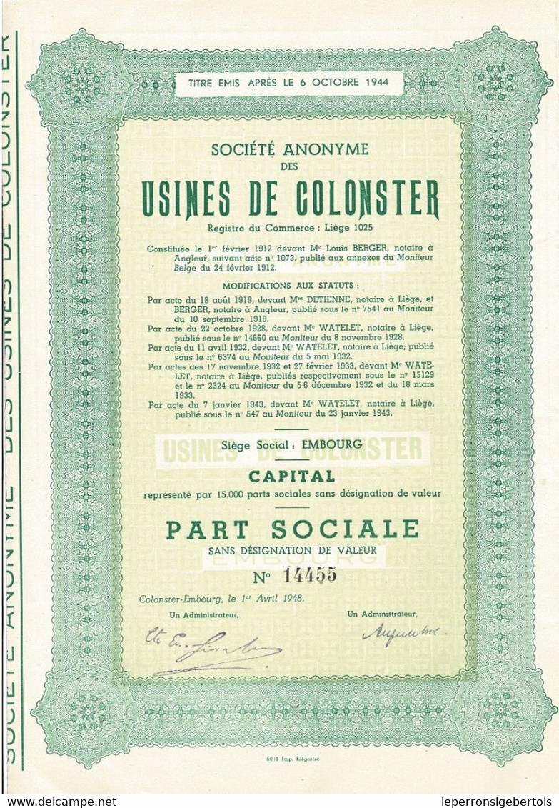 Titre De 1948 - Société Anonyme Des Usines De Colonster - - Industrie