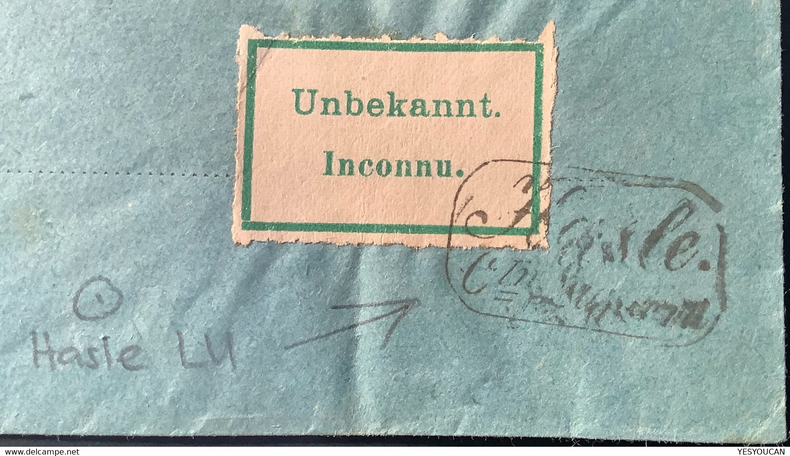 "HASLE Ctn LUZERN" SELTENER STEMPEL Auf "UNBEKANNT/INCONNU" Zettel+FACTEUR STPL Privatganzsache 1909 (LU Brief Schweiz - Postwaardestukken